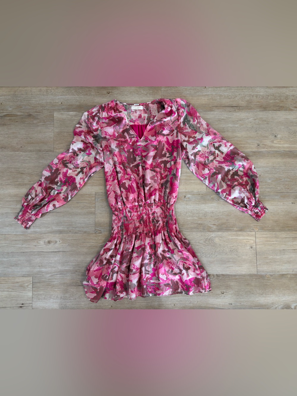 Ramy Brook Pink Camouflage Satin-Look Puff Sleeve Mini